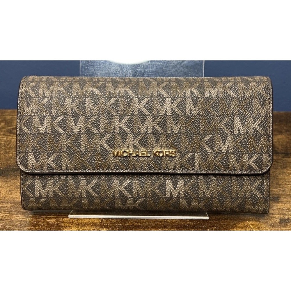 Michael Kors Women's MK Signature Logo Trifold Snap Wallet Brown Credit Card